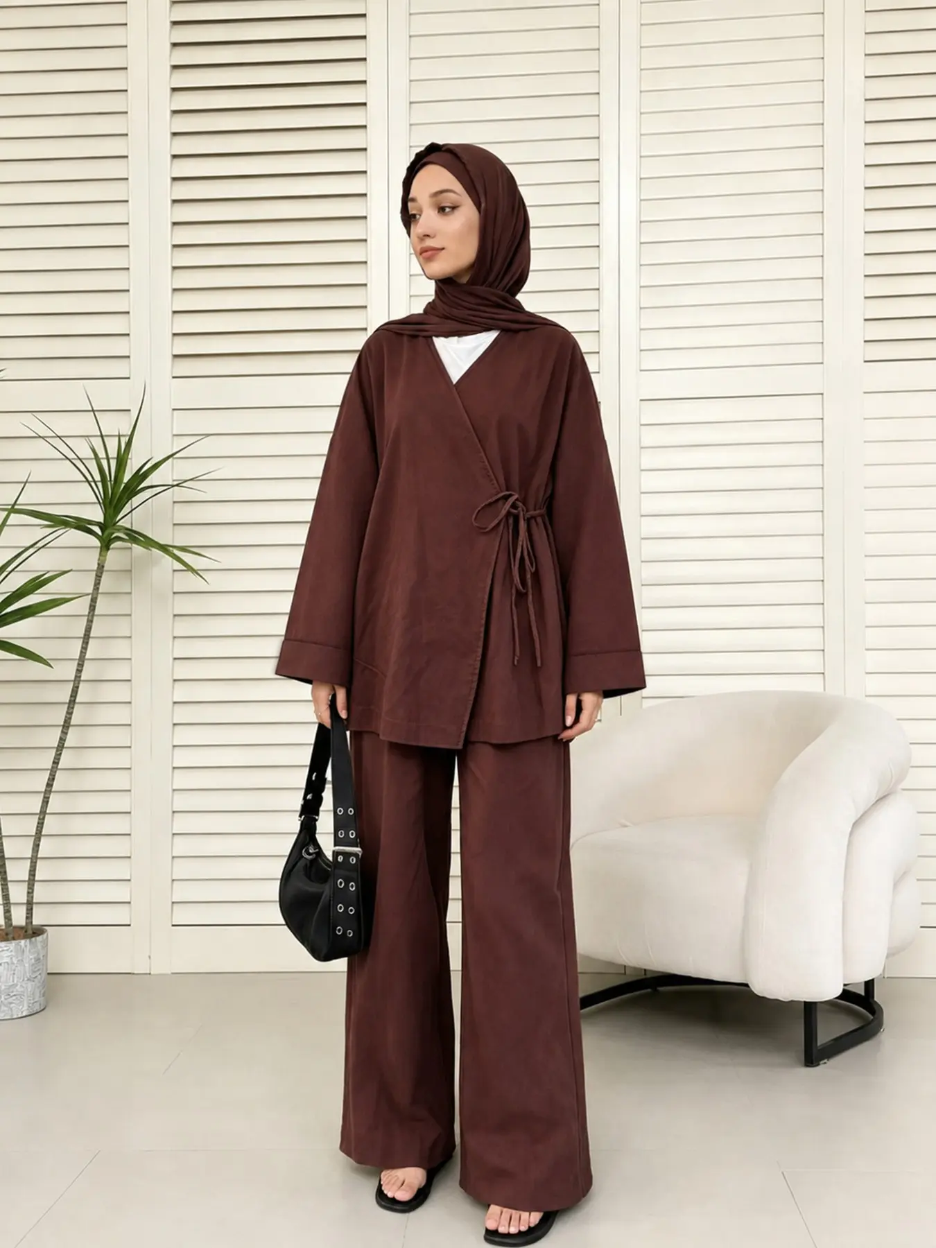 Deep Asymmetrical Tie-Back Long Sleeve Open Front Cardigan & Wide Leg Pants Set, Middle Eastern Muslim Conservative Women's Solid Color Two Piece Matching Outfit Set Women Fashion Muslim Set