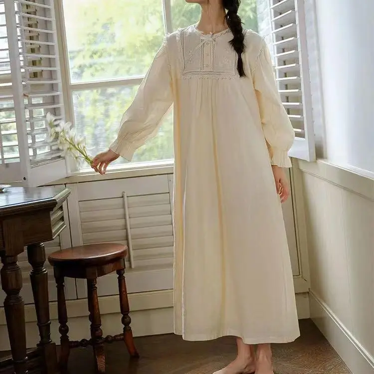 Women Victorian Sleepwear Pure Cotton Vintage Nightgowns Robe Ruffles Nightie Long Night Dress Romantic Princess Nightdress