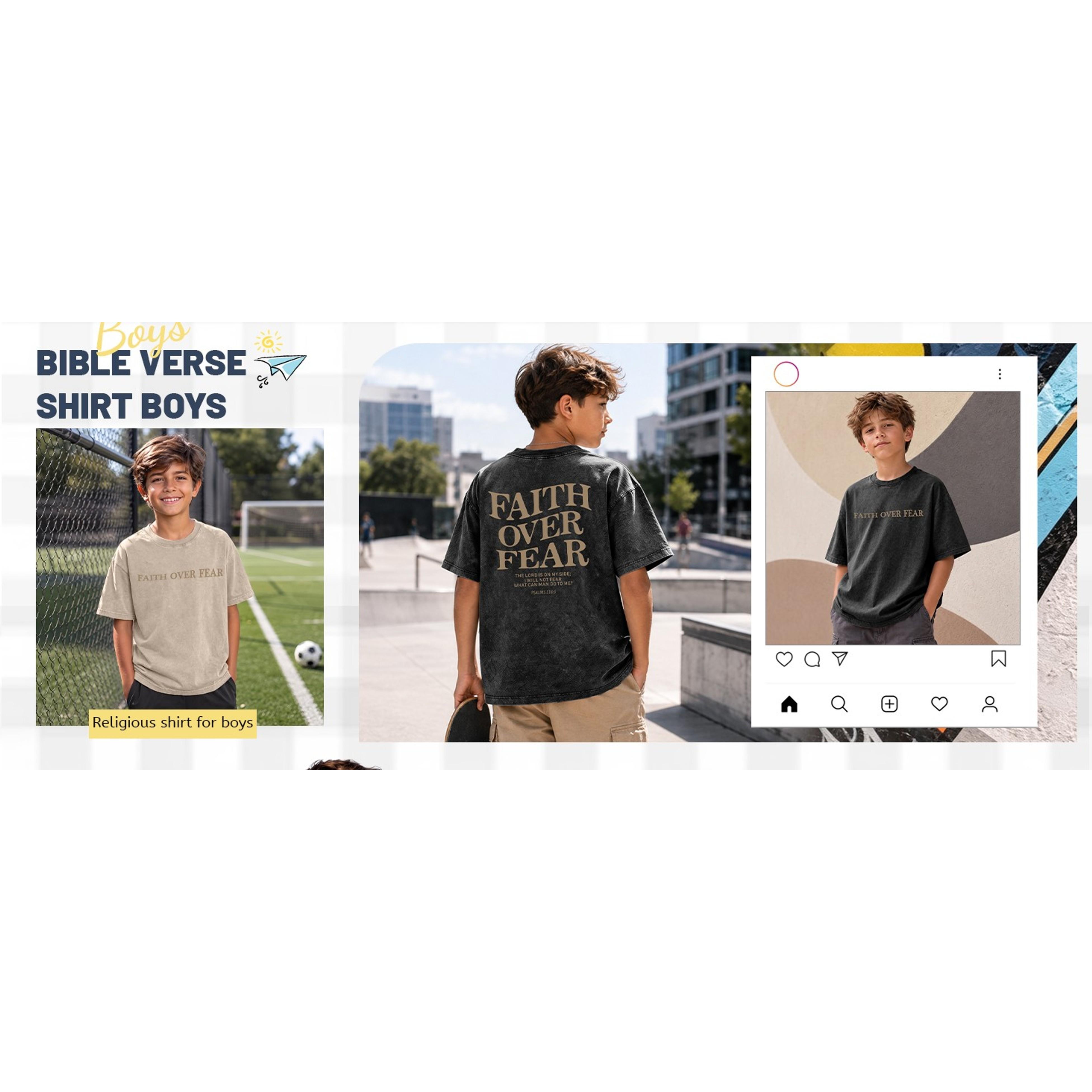 Boys Faith Over Fear Christian Jesus Graphic Tee - Bible Verse Religious Acid Wash T-Shirt for KidsGift