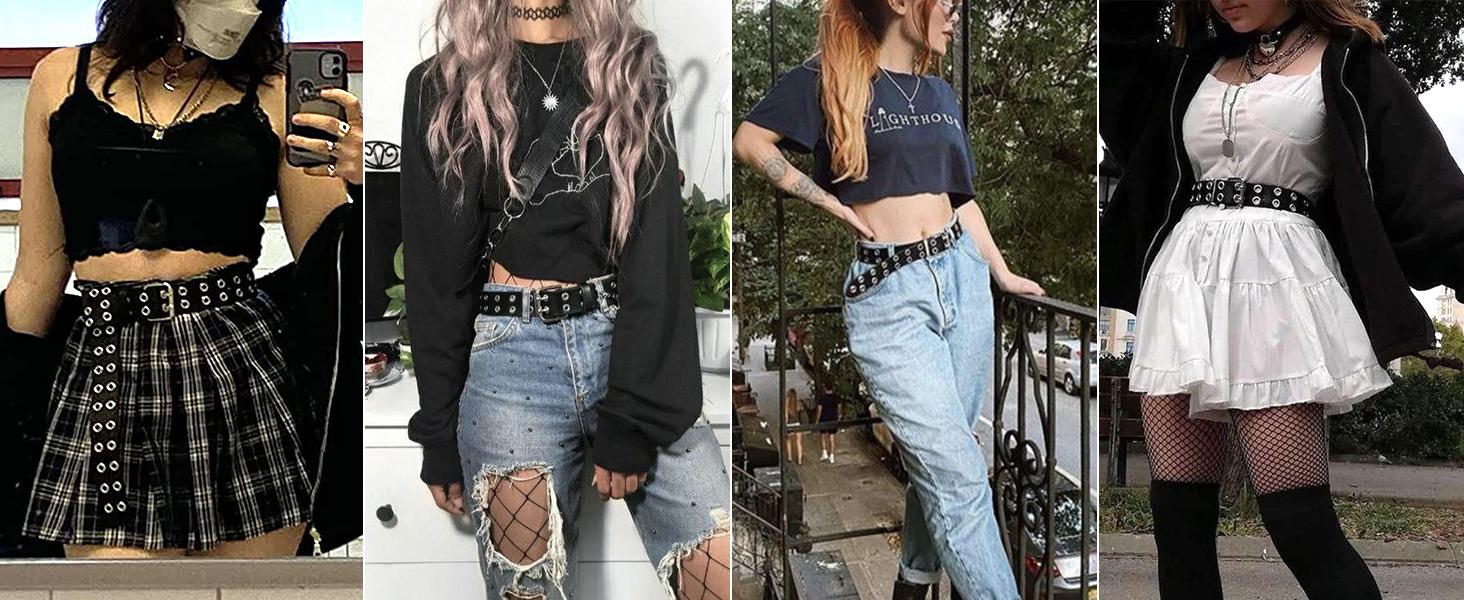 JASGOOD Double Grommet Belt PU Leather Punk Belt 2 Hole Belts 1.5 Wide for Women Men Jeans