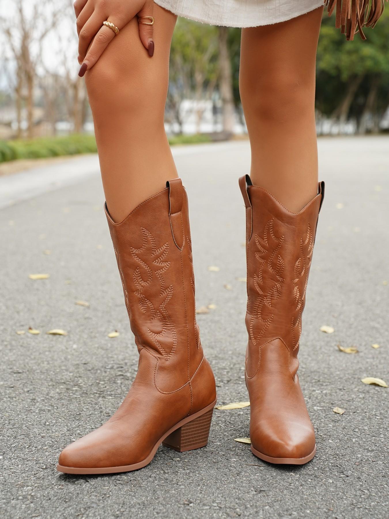 Women's Above-The-Ankle Heeled Boots, Hand Embroidered, Fashionable, Elegant, Winter New Arrival, Vintage V-Neck Western Cowboy Boots