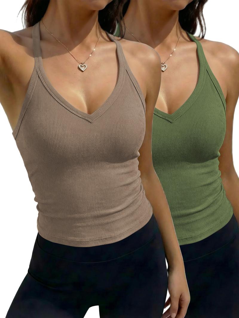 Women's Solid Racerback Tank Top, Casual Sleeveless Deep V- Neck Top for Summer, Ladies Clothes for Daily Wear, Breathable Sleeveless Tops
