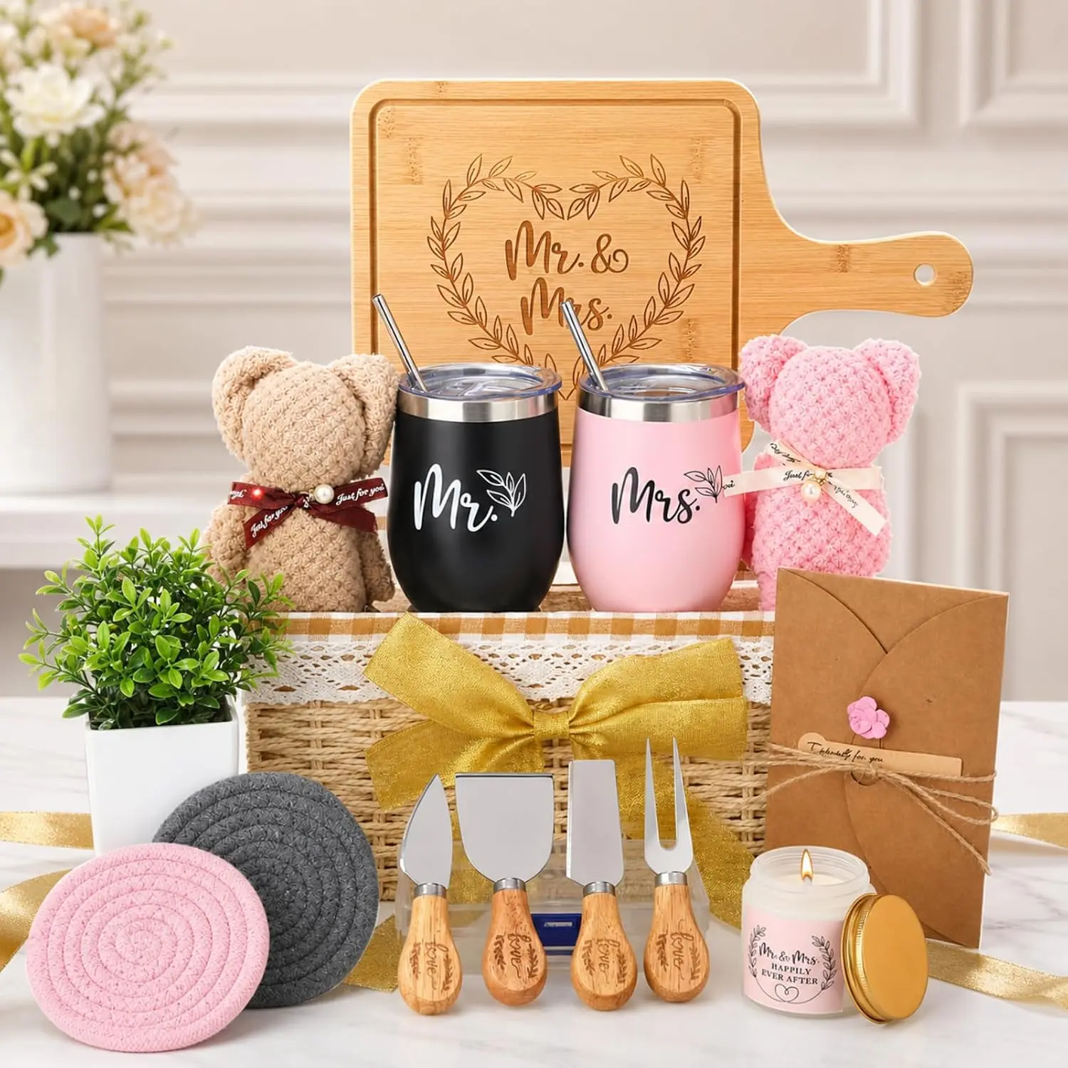 Wedding  Basket - 21 count Gifts for Couple Mr and Mrs Housewarming Gifts for Women Men  House Apartment Closing  Ideas Set
