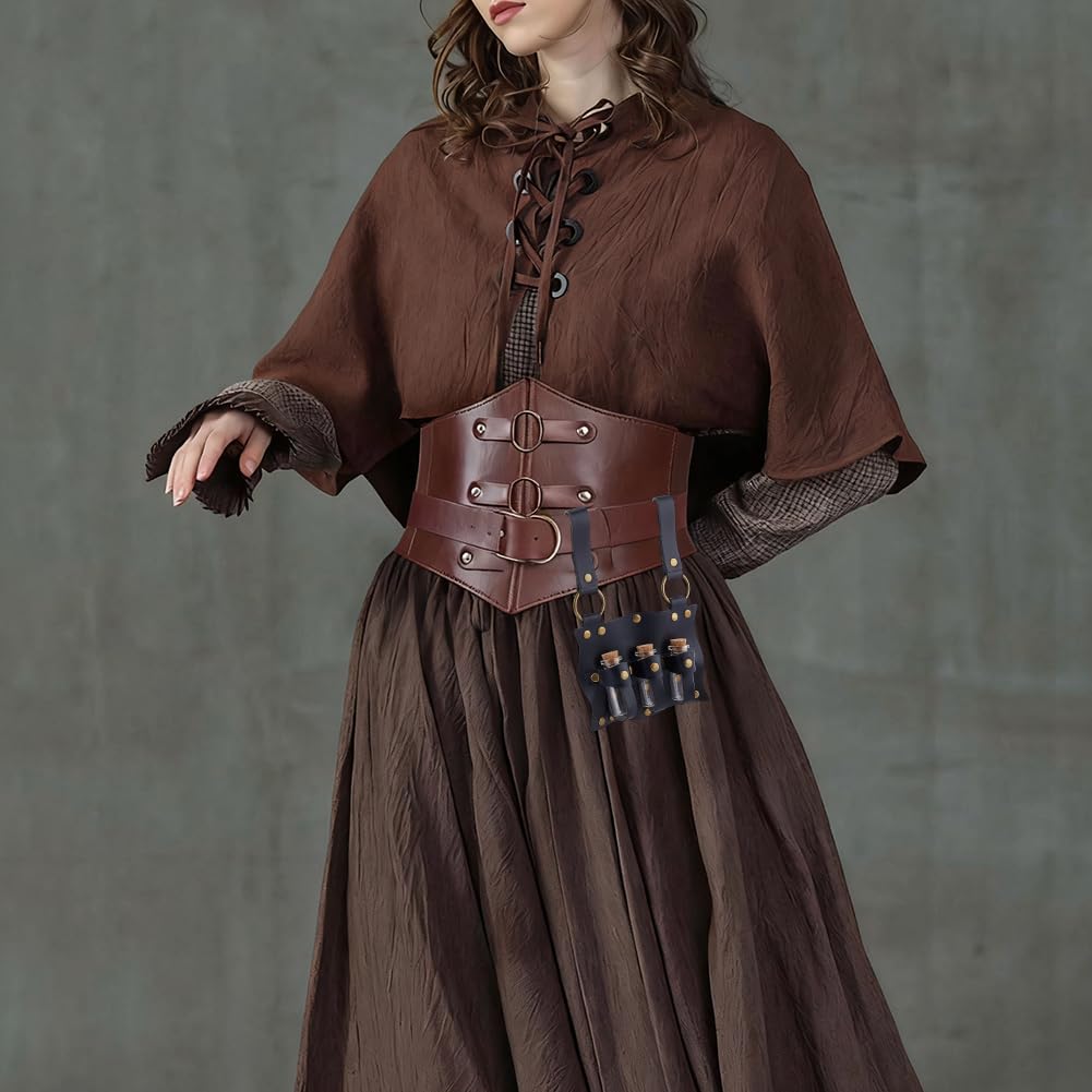 Medieval Potion Bottle Waist Pack, PU Material with Belt Loop, Includes 3 Cork Bottles, Renaissance Witch Props, Stempunk Cosplay Costume Set