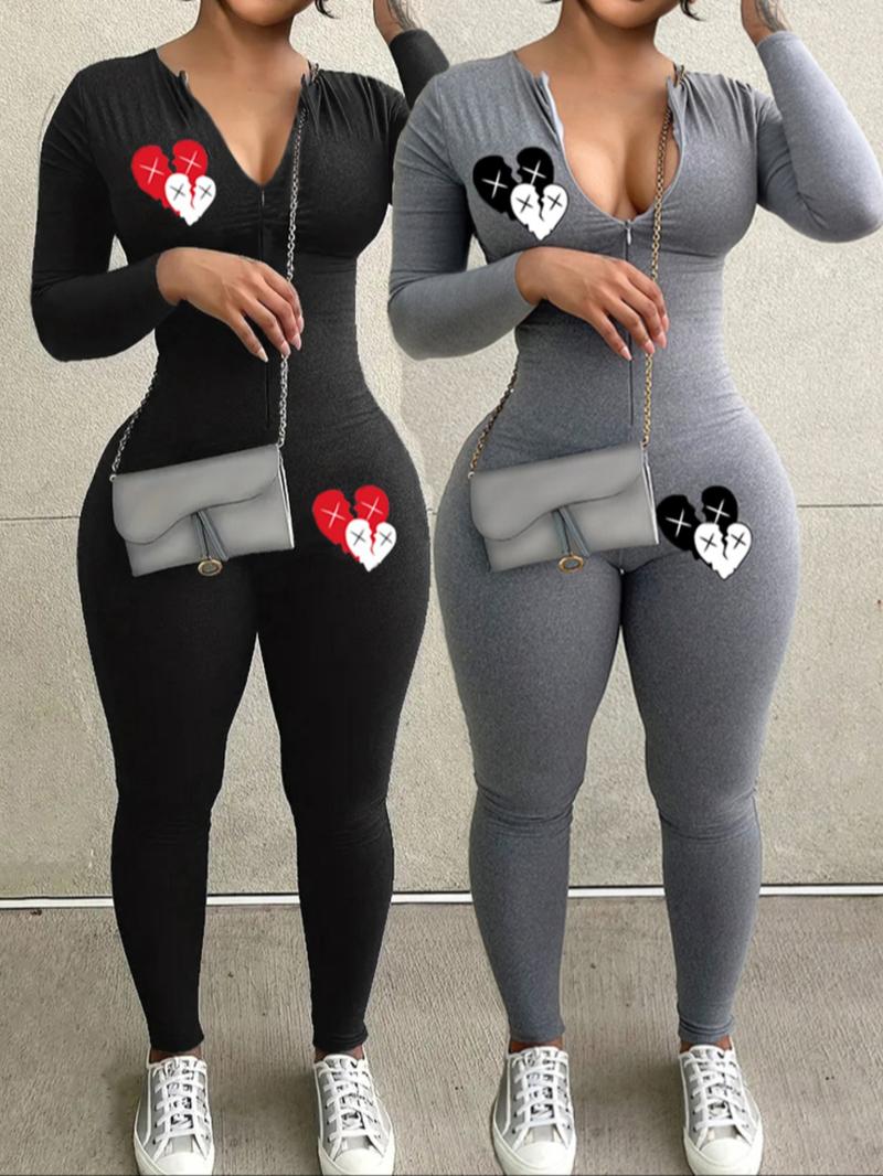 Women's Solid Color Zip Up Jumpsuit, Casual Comfy Long Sleeve Jumpsuit for Daily Wear, Ladies Spring & Fall Clothes