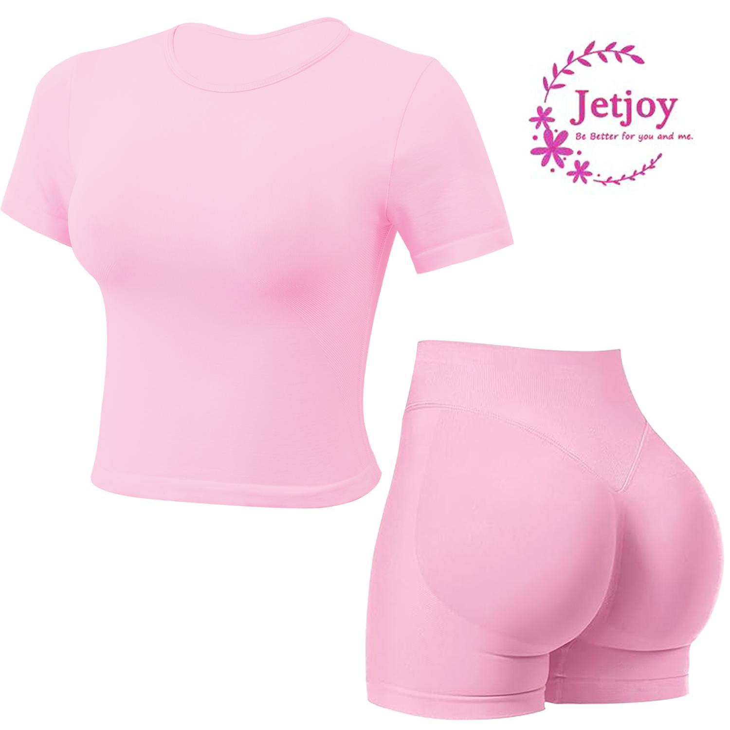 Jetjoy 2 Piece Workout Sets for Women, Long or Short Sleeve T Shirt Tank Top + Workout Shorts Butt Lifting Gym Seamless Booty Biker Shorts, Going Out Gym Sets Fitness Clothes Skinny Sportswear Compression Activewear Gymwear Fitness Clothes Mesh Athleisure