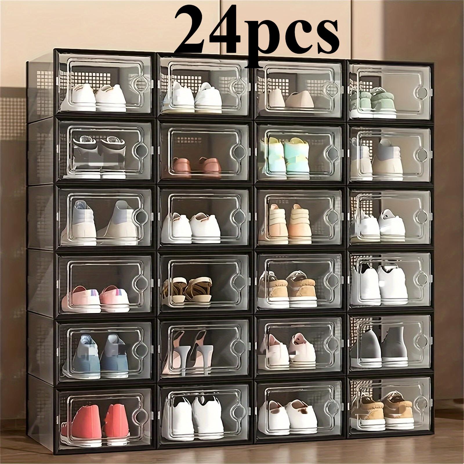24 pcs thickened transparent storage shoe box with lid, foldable stacked shoe storage box, durable shoe box is suitable for all kinds of shoe types, ideal for home dormitory wardrobes, space-saving shoe racks, Foldable shoe organizer