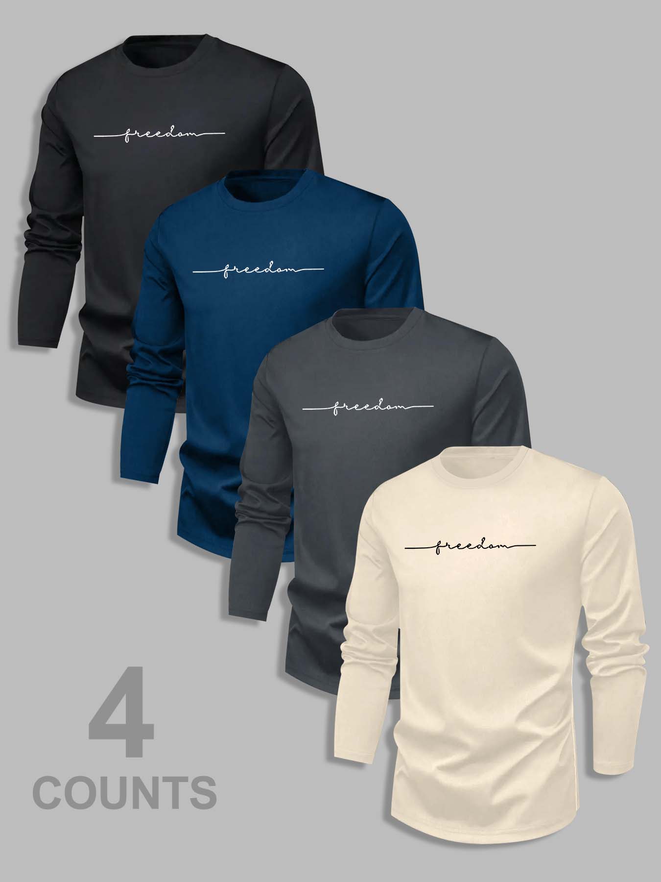 Men's 4 Piece Classic Bull Head Print Tee Set, Fitted Long Sleeve Casual Top for Fall & Winter, Basic Straight Cut T-Shirt