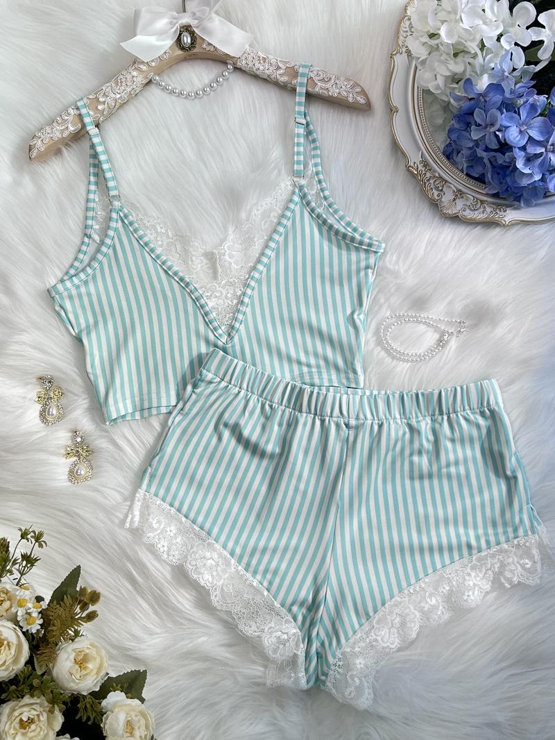 Women's Stripe Print Sexy Lace Trim Pajama Set V Neck Backless Crop Cami Top & Mini Shorts Loungewear & Sleepwear Fit Pants