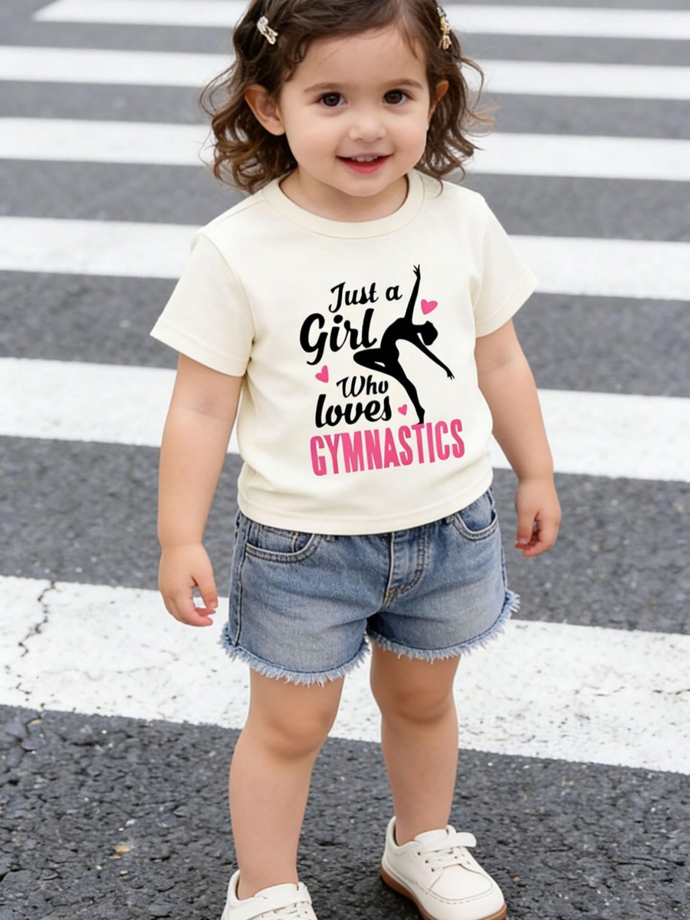 Summer Gym Lover Just a Girl Print Girls Short Sleeve T-Shirt, Cute Cartoon Pattern, Fitted Style, Casual Wear