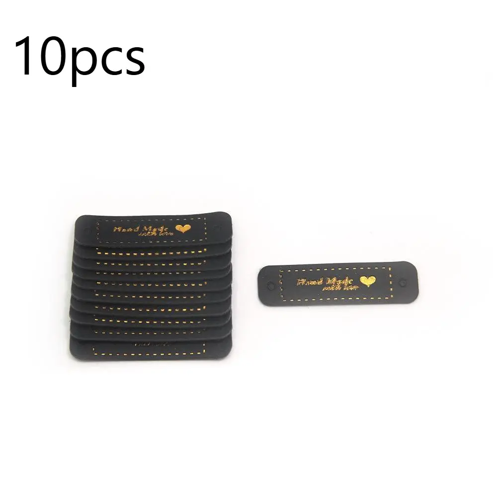 10pcs Handmade PU Leather Tags Handmade with Love PU Labels Faux Leather Sew On Labels Embellishment Knit Accessories with Holes for DIY Crafts Sewing Crochet Knitting Hats (Brown, Black, White)