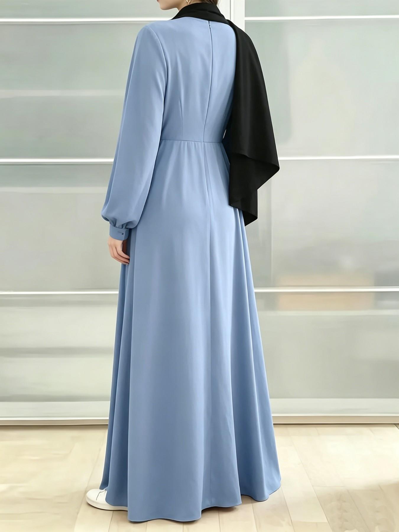 Pastel Blue Mandarin Collar Maxi Dress, Loose-Fit Hijabi Style, Wraparound Design, Gathering Detailing, All-Season Wear, Modest Muslim Clothing, Islamic Clothes, For Muslim
