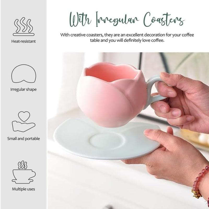 1 Count Ceramic Tulip Coffee Mug with Saucer Set, Shape Cup, Cute Mug Set, Latte Mugs for Tea Coffee Milk for Home Office Aesthetic 🌸Multi-use Cup and Saucer  Designer Coffee Mug ☕  🥐 🍰