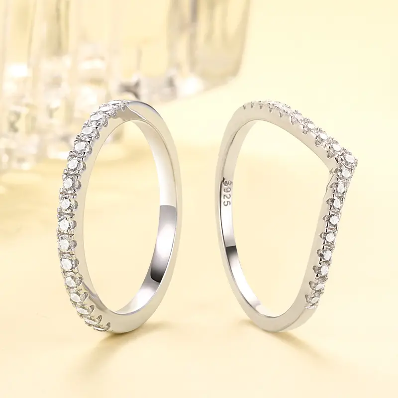 studded single-row ring, 925 silver half-band ring,  row ring, V-shaped silver ring jewelry