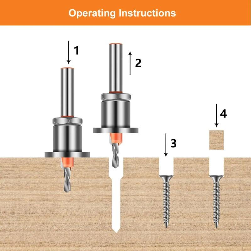 Countersink Drill Bit Set 5Pcs(2.8/3.0/3.2/3.5/4mm), Woodworking Countersink Drill Bits with Adjustable Bit Depth Stop for Wood.(8mm Countersink Diameter)