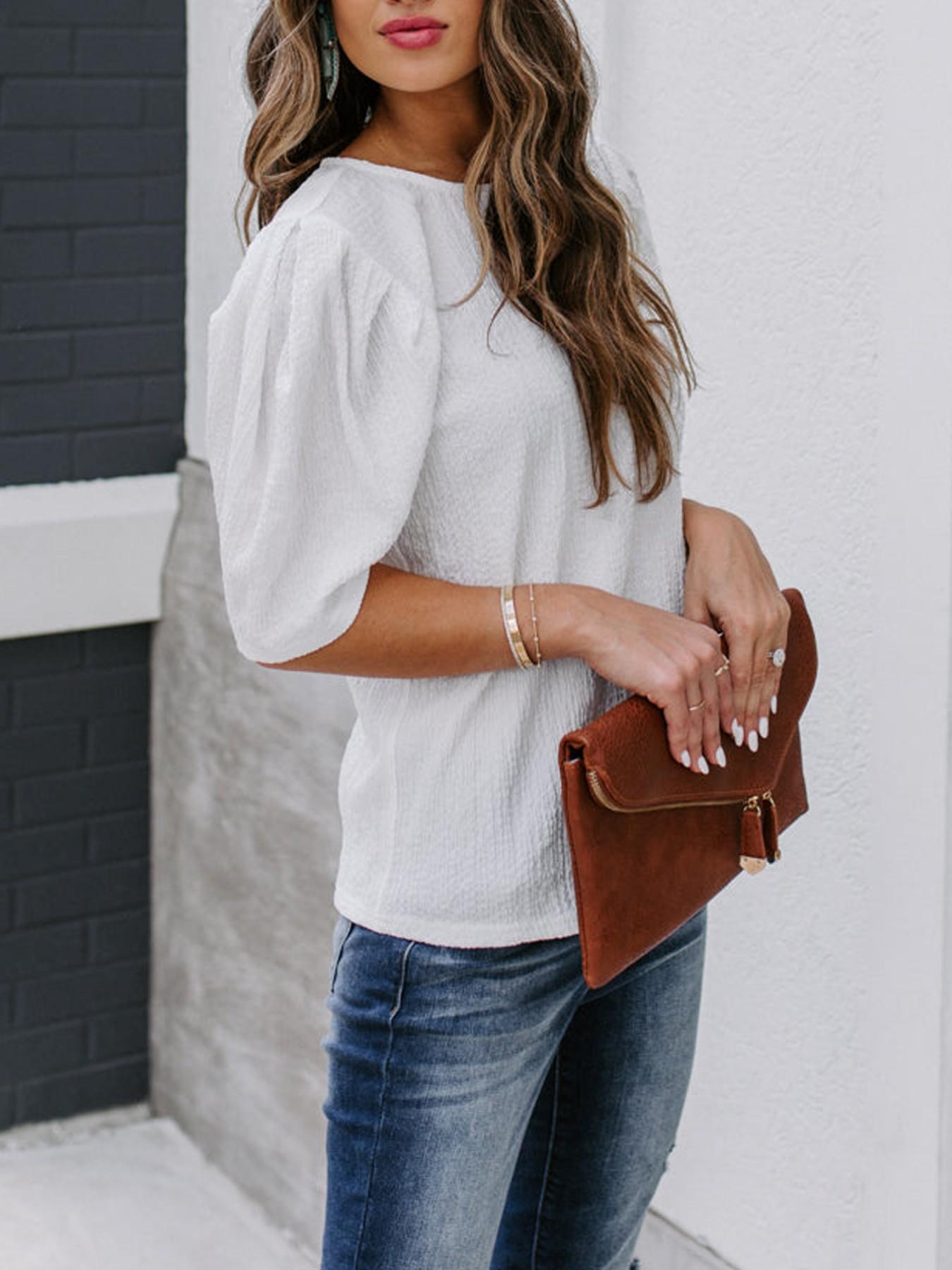 French Bubble Sleeve Solid Color T-Shirt for Women, Summer Simple Round Neck Short Sleeve Top, European and American Style Casual Basic Shirt