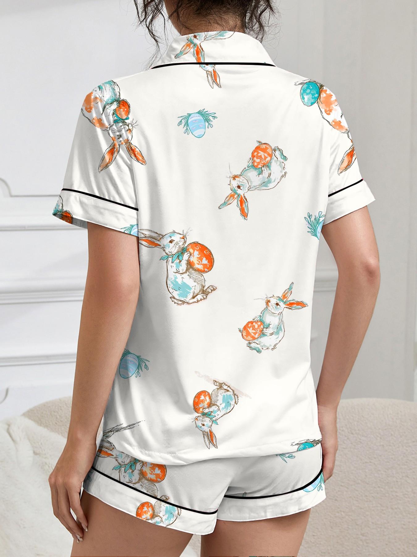 Easter 2 Piece Women's Pajama Set with Rabbit and Egg Print, Short Sleeve Button-Up Top and Loose Stretch Shorts, Casual Comfortable Sleepwear for Holidays and Everyday Wear