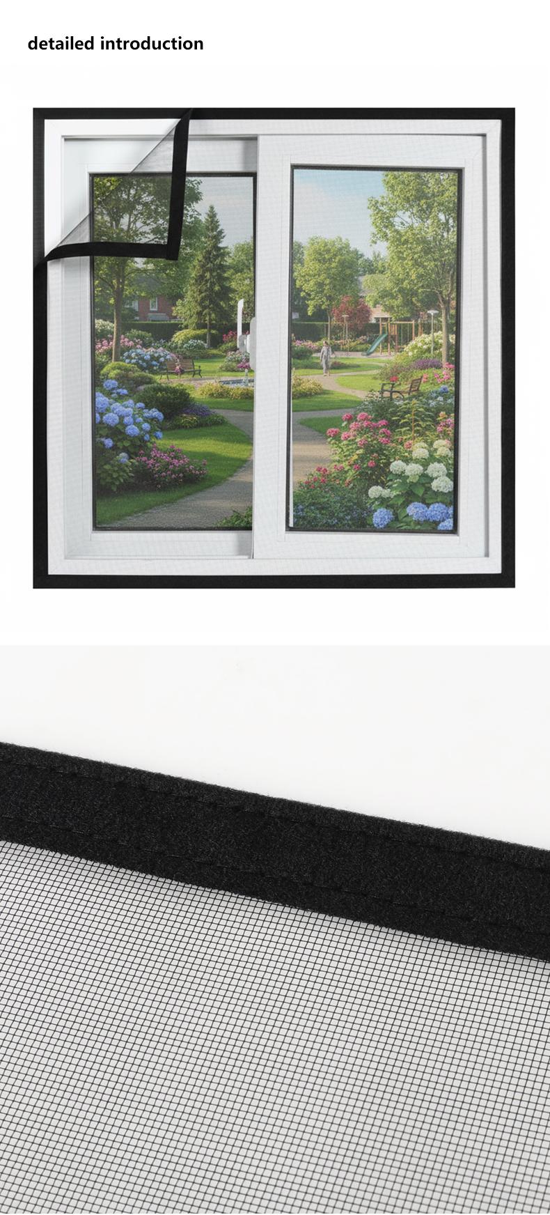 Black Window Screen Mesh with Hook & Loop Install, Breathable Fine Net, Easy Removable Anti Mosquito Bug Protection for Home