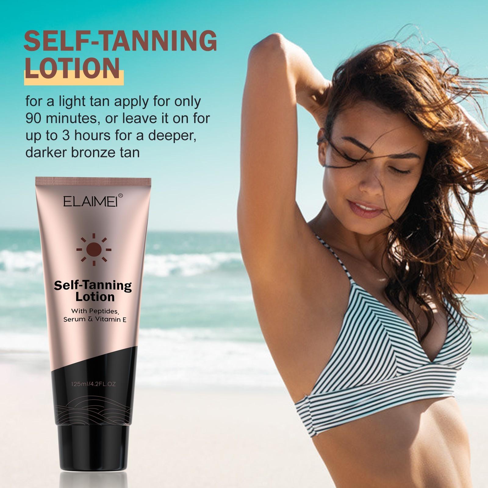 ELAIMEI Self-Tanning Lotion, 125 ml large size, provides quick tanning results and a long-lasting, even, sun-kissed glow that radiates vitality and confidence, making it easy to achieve a beautiful tan.