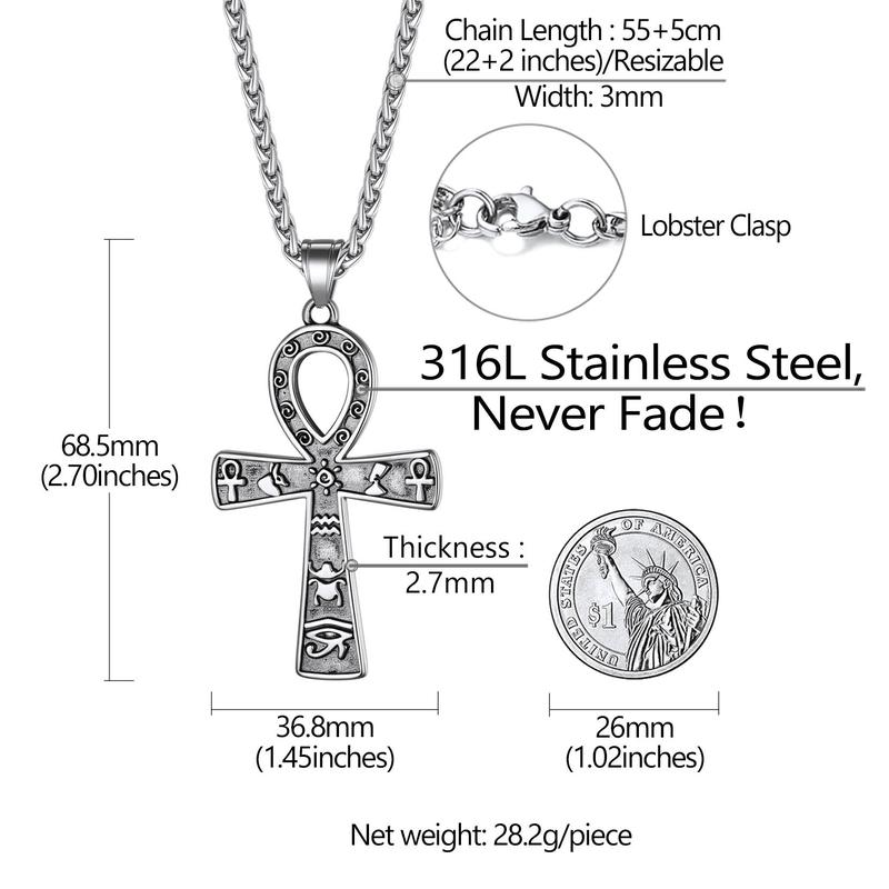 FaithHeart Egyptian Ankh Cross Pendant Necklace With Hieroglyphic Ideograph