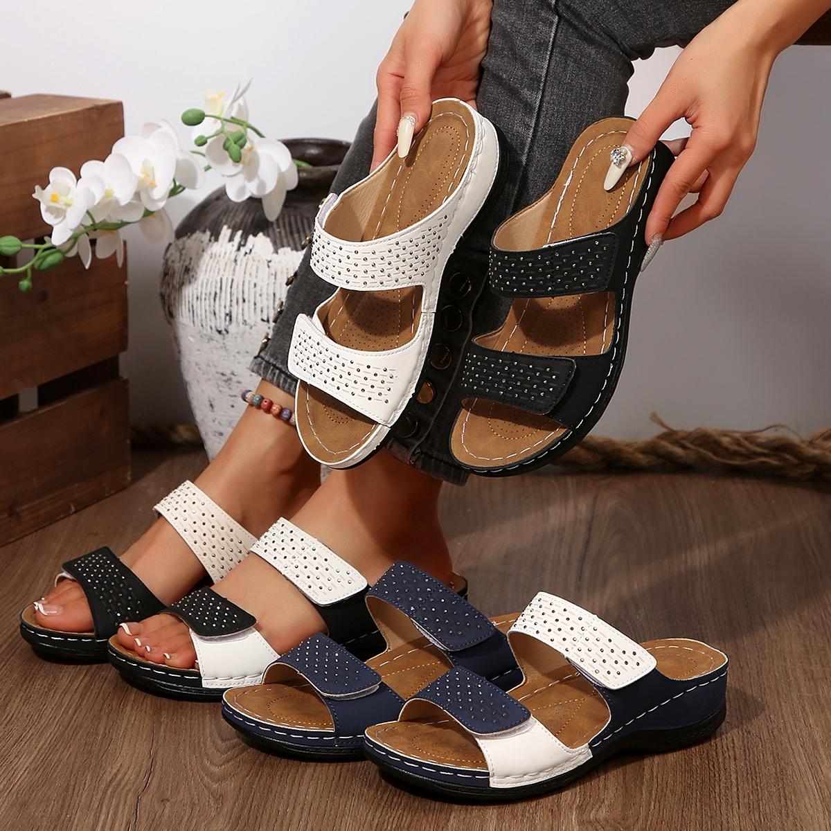 Women's slide sandals with full rhinestone design, simple yet stylish and eye-catching. Featuring thick, comfortable soles that add height without tiring your feet, a must-have for commuting and dating.