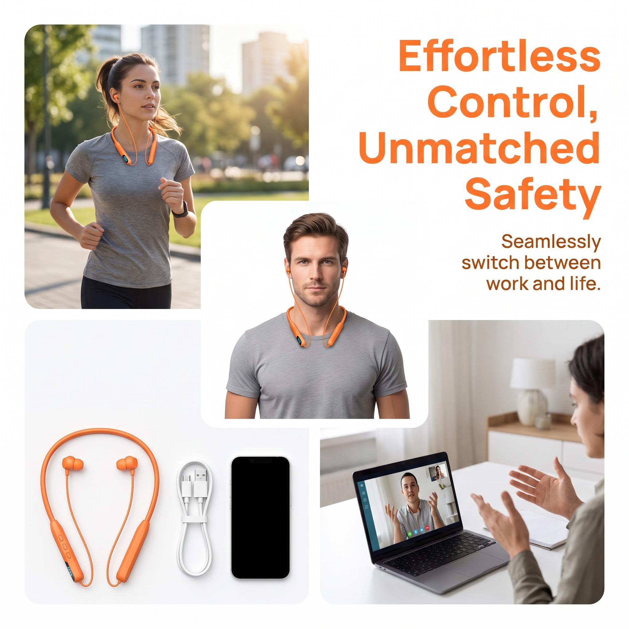 Bright Orange Hi Vis Neckband Bluetooth Earbuds, LED Digital Power Screen, IPX5 Sweat Resistant, 48H Long Playtime, Built-in Microphone for Hands-Free Calls, Dual Device Pairing, Touch Control Headphones for Warehouse Workers & Outdoor Work