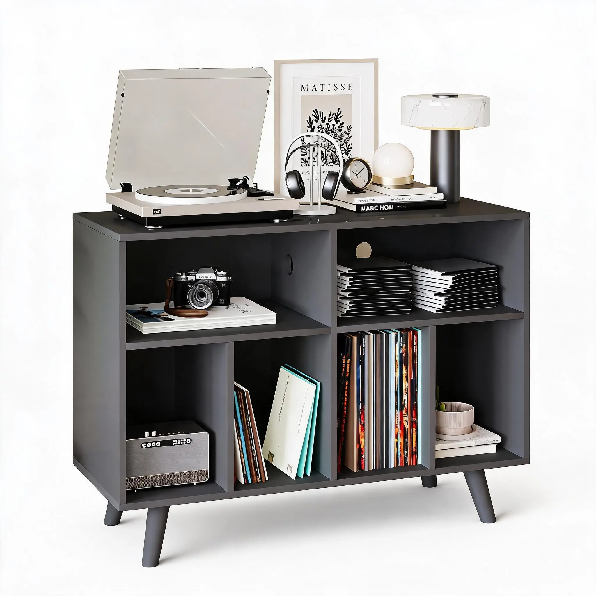 Garvee 39.5" Record Player Stand with Vinyl Storage & Charging Station, Modern Turntable Cabinet/Media Console with Open Shelves, Holds Up to 350 Albums, Natural Wood Finish