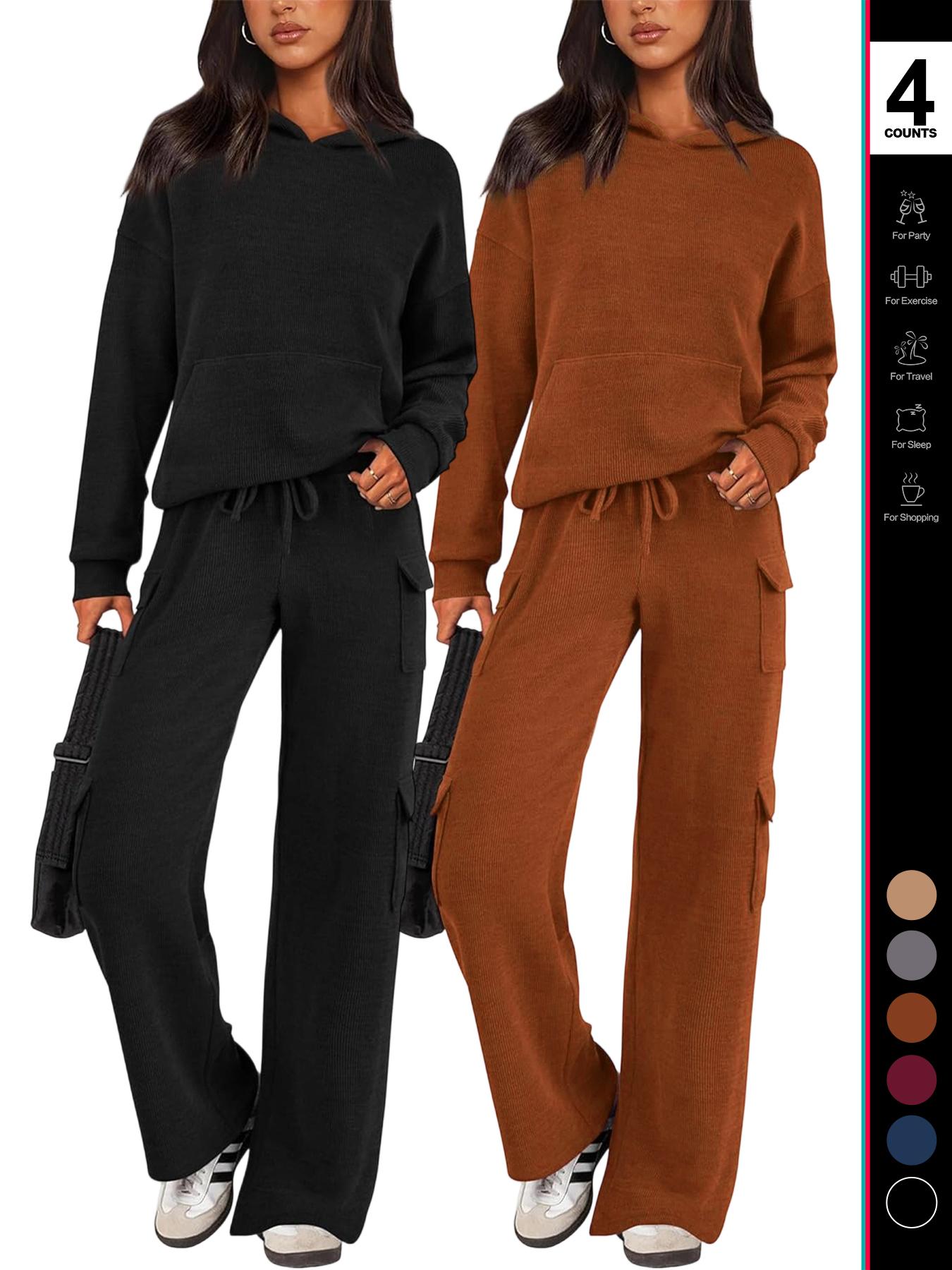 2026 Womens Fall Outfit 2-Piece Knitted SetsHoodie Tracksuits Wide Leg Pants With Pocket AndDrawString Long Sleeve Hooded Kangoroo Pocket TopsKnitwear Sporty Casual Loungwear, Womenswear Travel Outfit