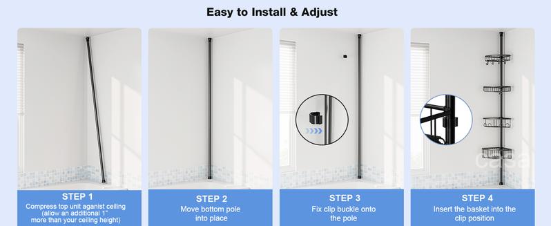 4 Tier Adjustable Corner Shower Caddy – Stainless Steel Rustproof Bathroom Organizer, No-Drill Tension Pole (47-121 Inch), Heavy-Duty Shelves & Hooks for Shampoo, Loofah, Bathtub Shampoo Storage – Quick Assembly, Black Rack