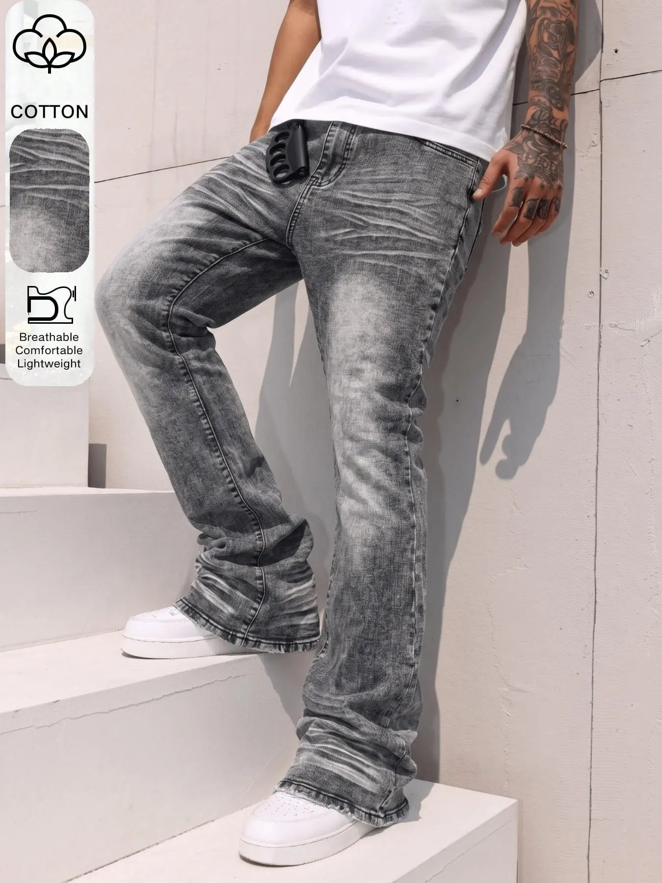 Men's Vintage Washed Denim Jeans, Slim Fit Mid Waist Zipper Fly, Casual All-Season Long Pants, Retro Y2K Motorcycle Streetwear Style