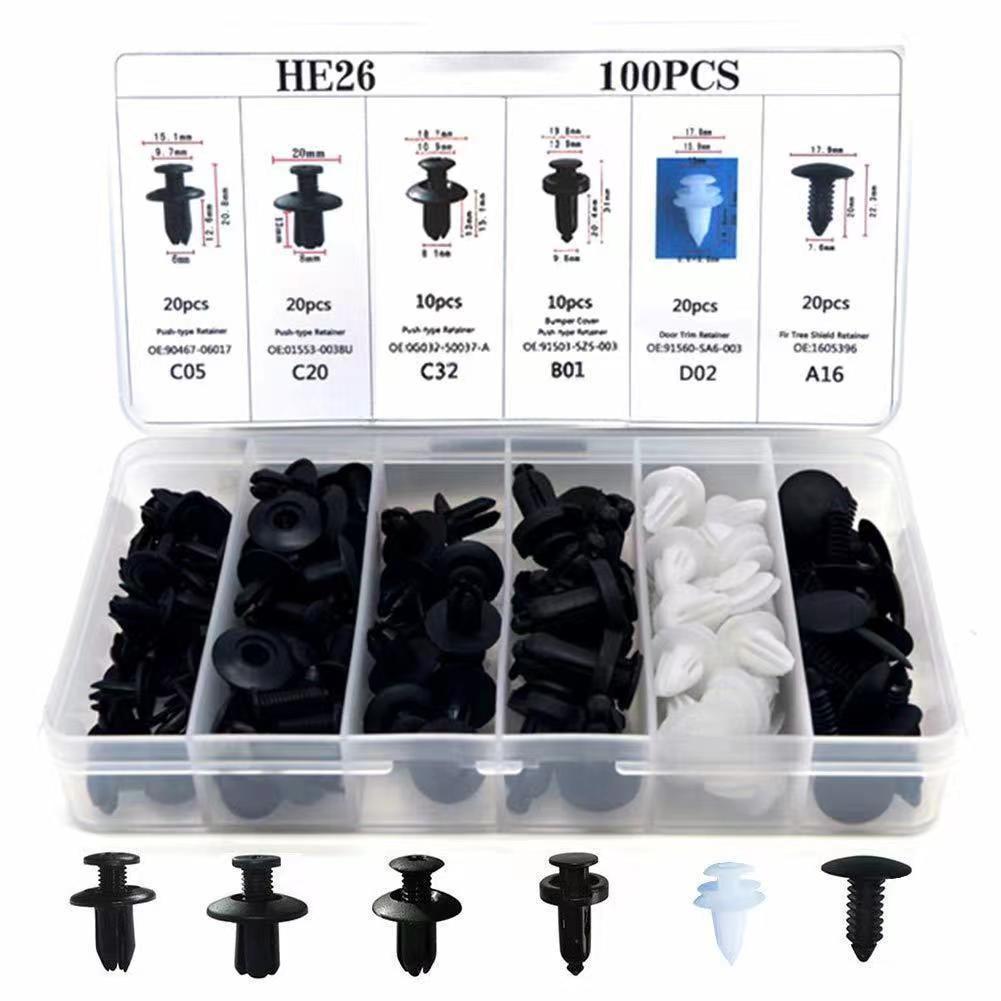 100pcs Automotive Plastic Retainer Clips Kit, 6 Types Universal Car Bumper Clips Fasteners, He26 Auto Push Pin Rivet Trim Clips Assortment