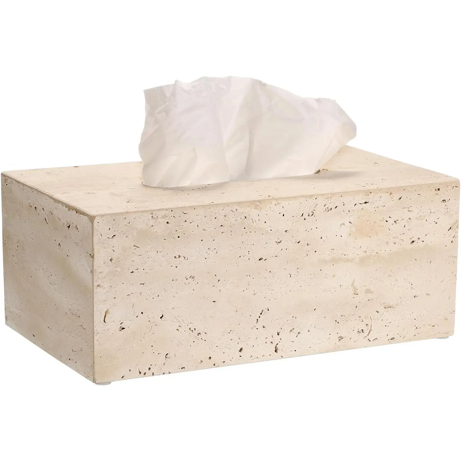 Travertine Rectangular Tissue Box Cover - Heavy Duty Stone Tissue Holder with Felt Pads, Open Bottom Design, Modern Home Decor for Bathroom Toilet Kitchen Living Room Table, Light Beige One Unit