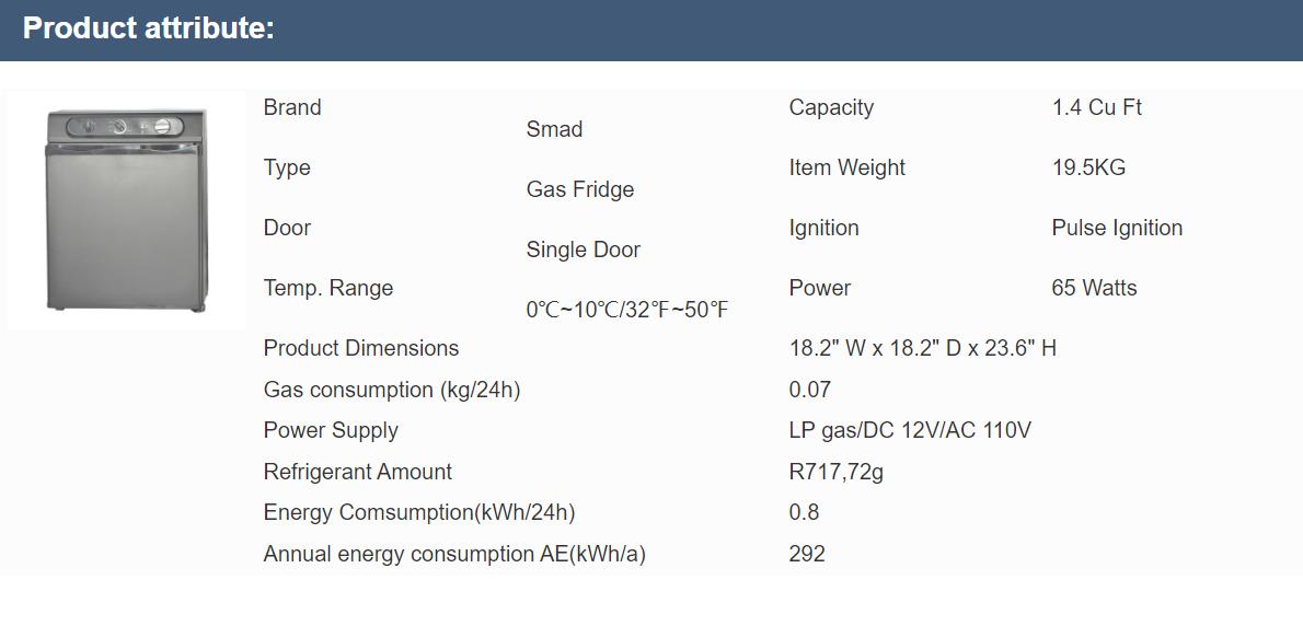 Smad 3 Way Gas Fridge Propane/AC/DC 12V 110V Motorhome 40L Leisure RV Cooler