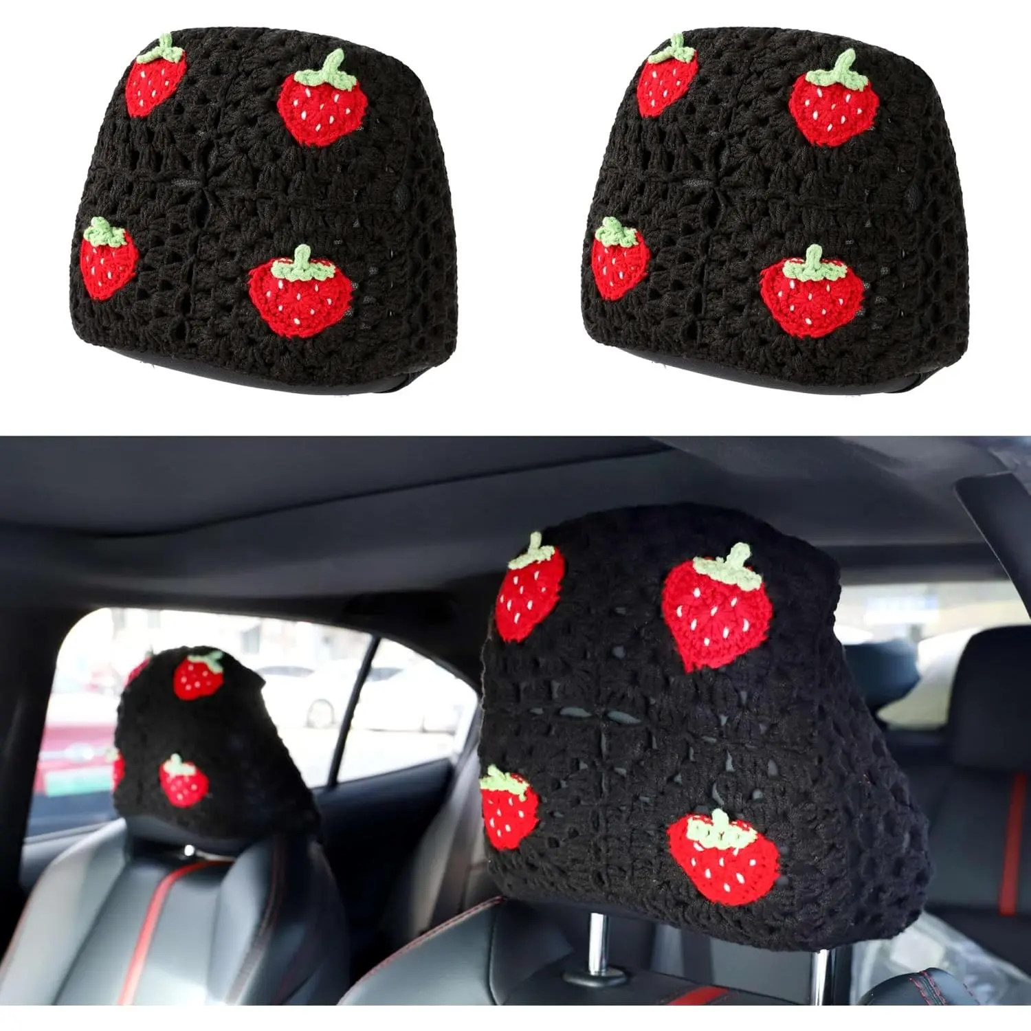 2PCS Crochet Seat Headrest Cover,Car Head Rest Protector,Cute Strawberry Car Accessories for Women, Universal Seat Cover Boho Car Decor Fit Sedans,SUVs,Trucks (Black Strawberry Headrest Cover)