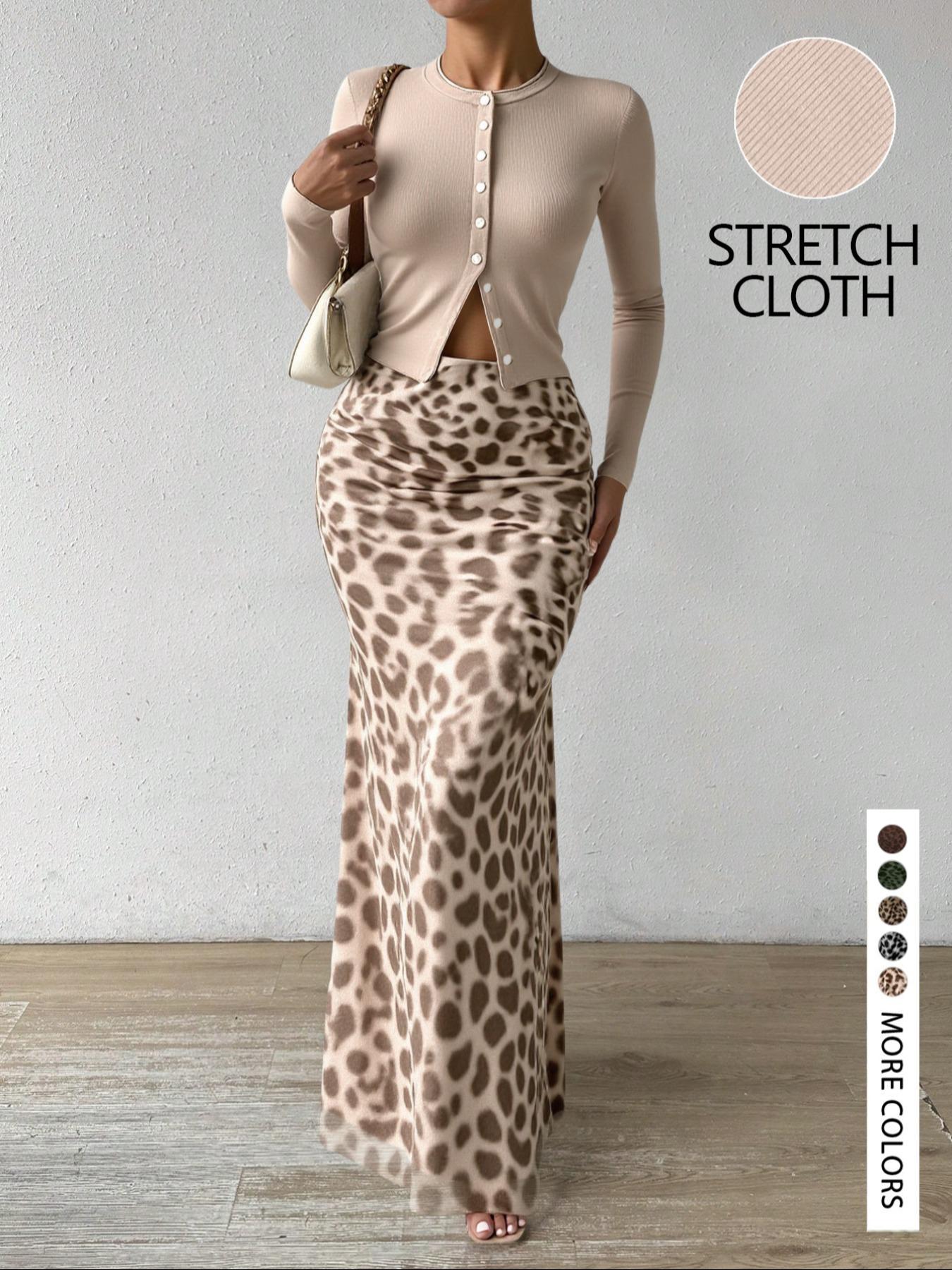 LovelyWholesale，Women's Spring Fashion Solid Color Knit Cardigan Top Leopard Print Half Skirt Two-Piece Set, Casual Slim-Fitting