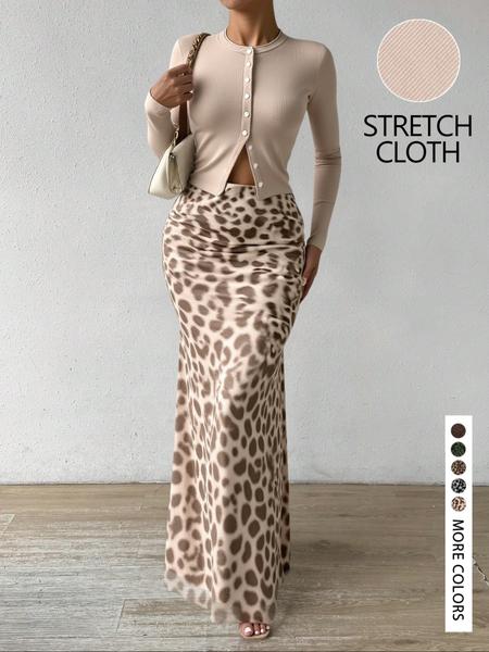 Women's Stylish Solid Color Knitted Cardigan and Leopard Print Skirt Set, Trendy Outfit for Fashionable Ladies, Perfect for Casual Wear, Chic Clothes