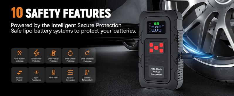 HPBS 24000mAh Power Bank Auto Battery Booster With Air Compressor 6000A 150PSI Fast Inflation 12V Portable Jump Starter for 10.0L Gas and 8.0L Diesel Engines