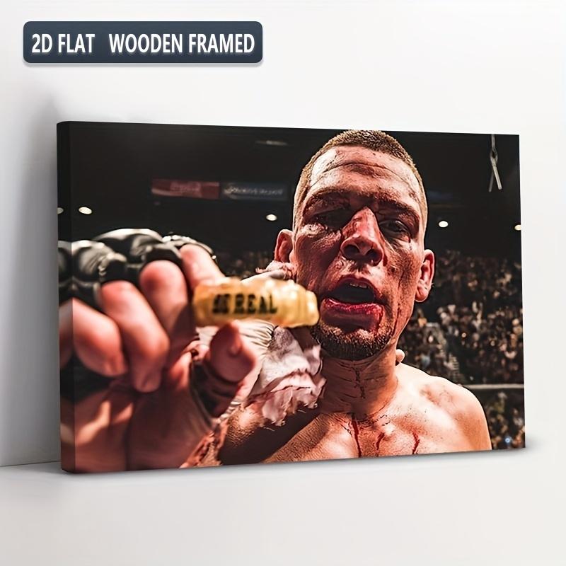 1 Piece Realistic MMA Fighting Canvas Wall Art - Boxing Knockout Victory Poster, Wrestler with Blood Splatter, Champion Belt and Knockout Punch - Wooden Frame Compatible with Cave, Gym, Fighting Room Decoration - Ideal Gift, 2D Flat