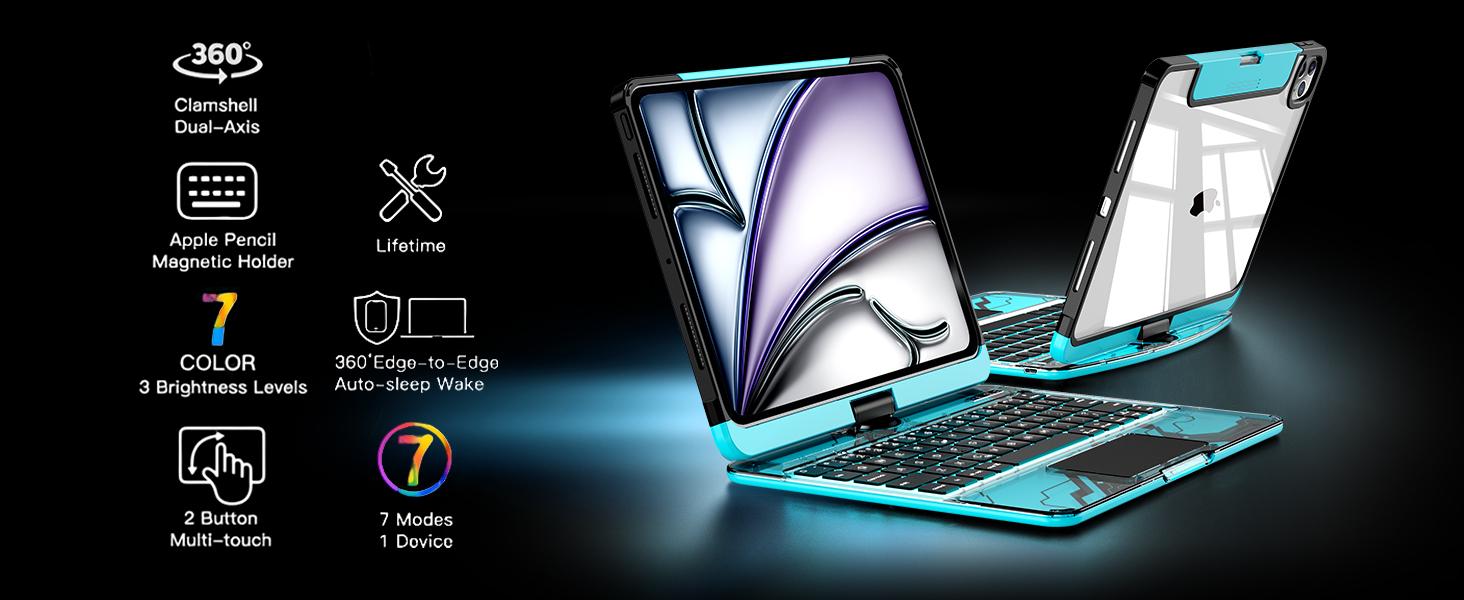 Y2K Dreamy Blue 360° Rotatable Keyboard iPadCase for 2025 iPad 11th Gen 10.9-inch & iPad 11th Gen 11-inch (A16, 2025), Transparent Back Cover, Responsive Touchpad, Built-in Stylus Holder, 7-Color Backlit Keyboard