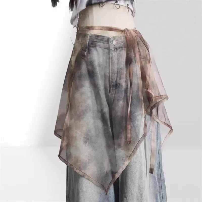 Retro Grunge Style Tie-Dye Transparent Mesh Wrap Skirt, Y2K Flowy Half Slip Waist Cover Layer Skirt, Desert Festival Core Aesthetic Layering Piece, See-Through Decorative Skirt Compatible with Denim Jeans for Casual & Festival Outfits