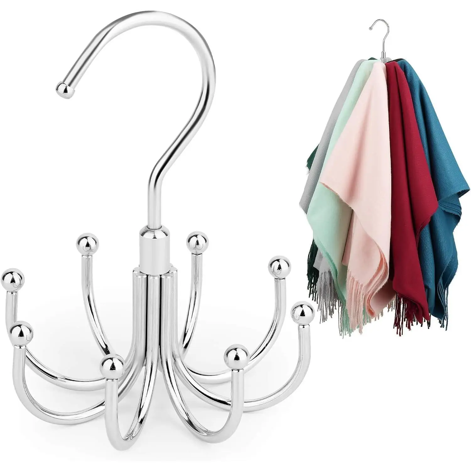Scarf Organizer Scarf Hanger for Closet, Rotatable Sturdy Hijab Holder Holds 8 Scarves, Metal Space Saving Closet Organizers and Storage, Silver