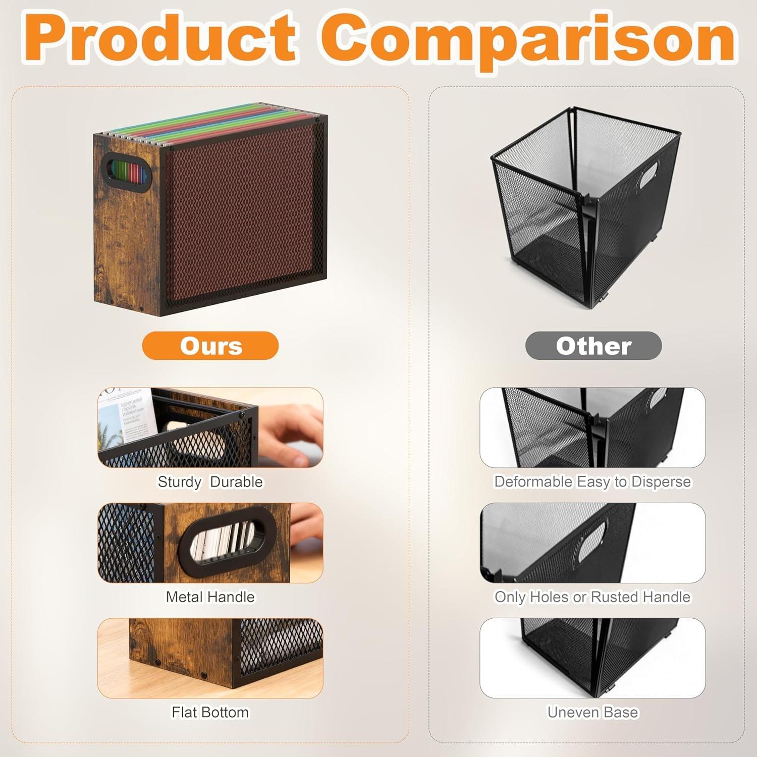 Wooden Hanging File Organizer Box, Metal Mesh Folder Storage Bin with Handle, Suitable for Home Office Desk, Office Supplies, Office Accessories