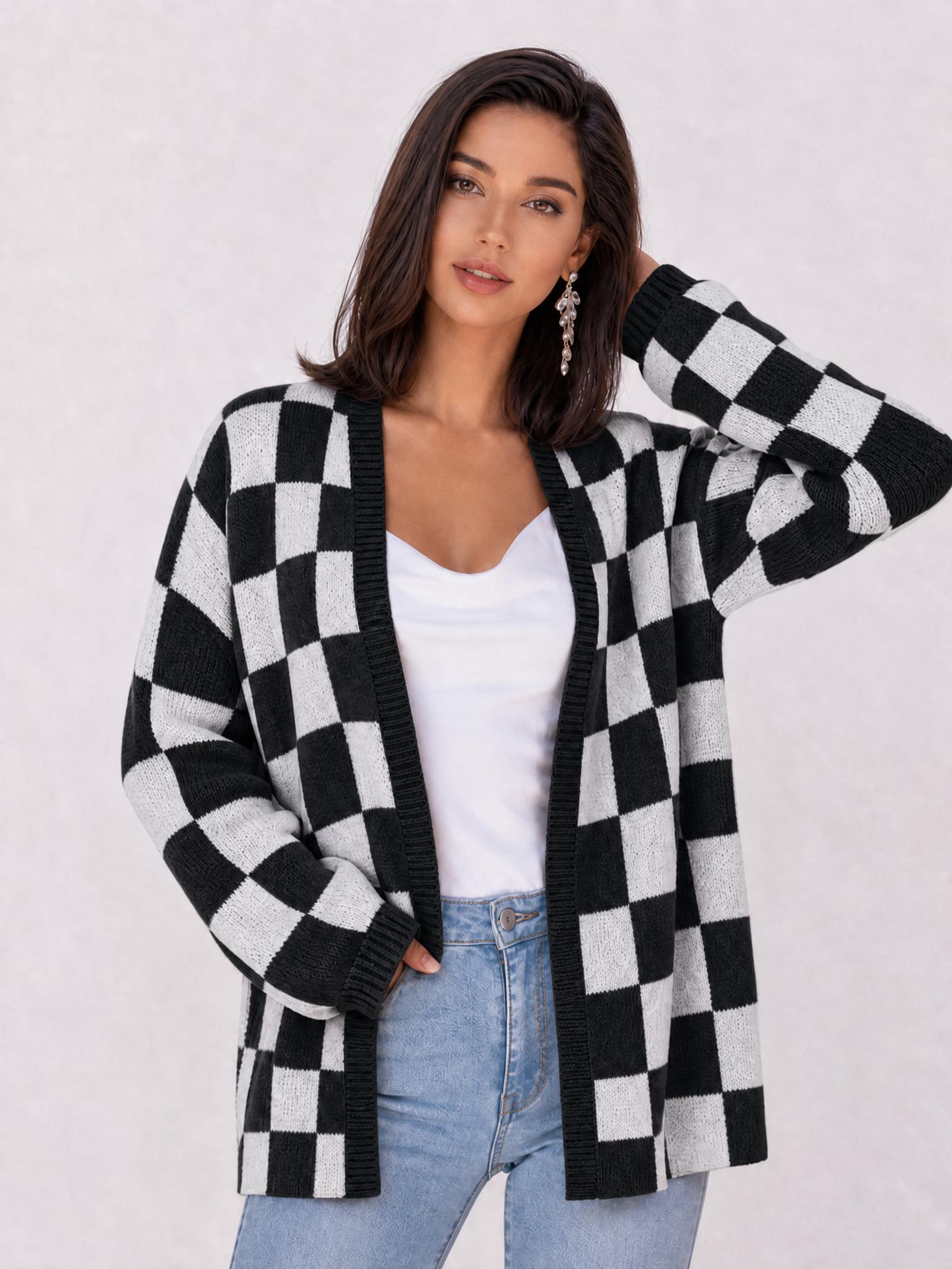 Plus Size Women's Plaid Knit Cardigan, V Neck Open Front Loose Fit Long Sleeve Sweater Coat, Fall & Winter Casual Outerwear