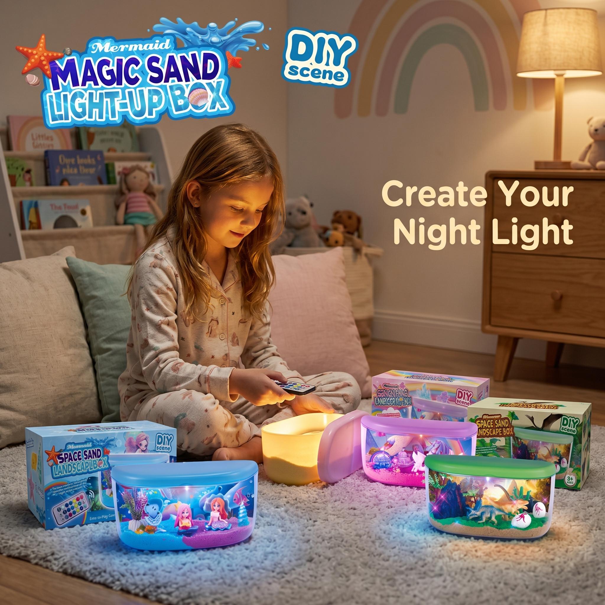 Landscaping DIY Sand Light-Up Scene Kit,Remote LED Night Light,No-Mess Safe Sand,Educational Creative Craft,Mermaid Unicorn Dinosaur Scene,Birthday Christmas Toy Gift For Girls Boys,Sand Tray