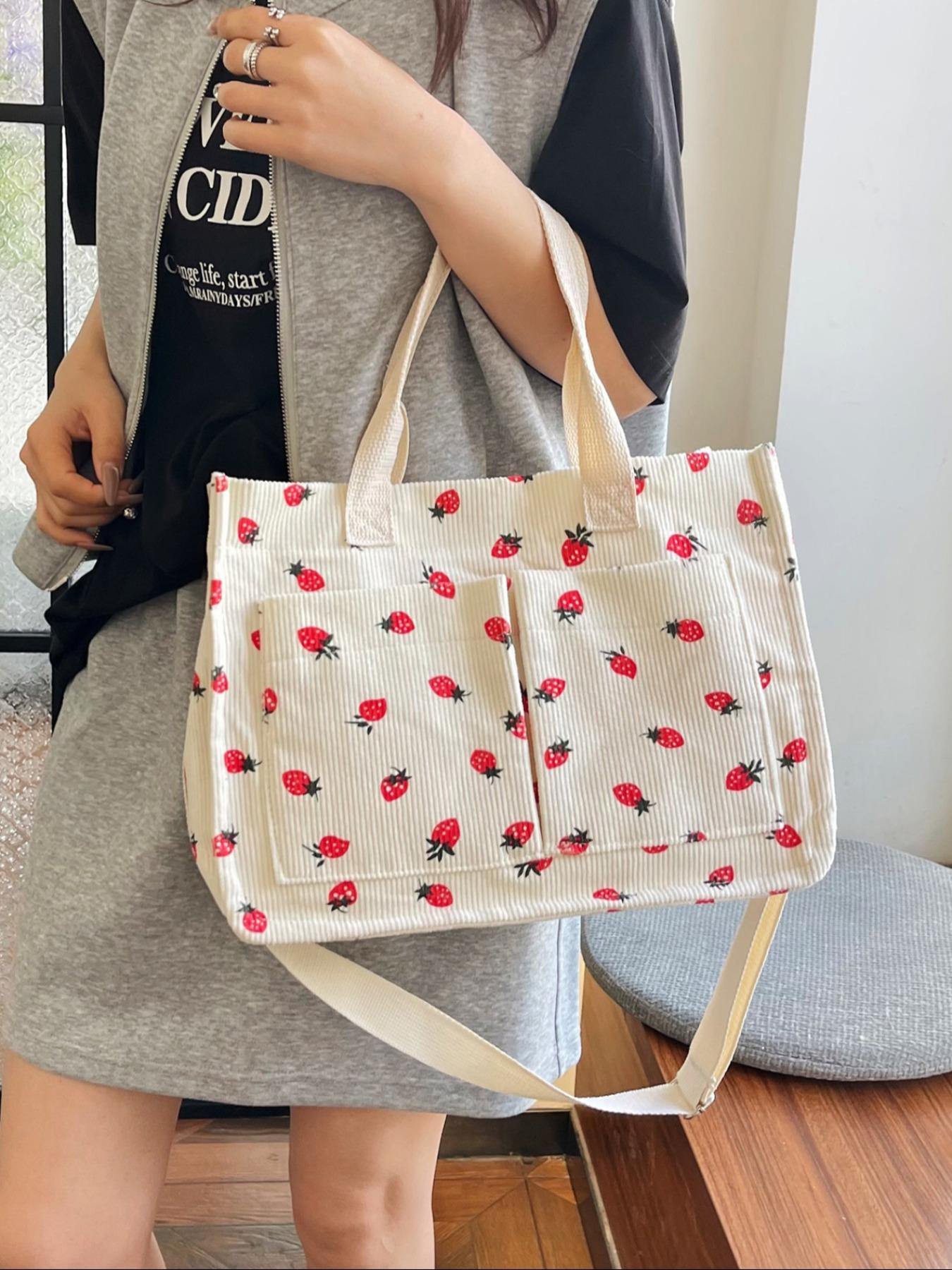 Stylish Strawberry Print Crossbody Shoulder Bag, Large Capacity Multi-Pocket Design, Perfect for Daily Commute & Shopping Needs, Floral Embossed Satchel