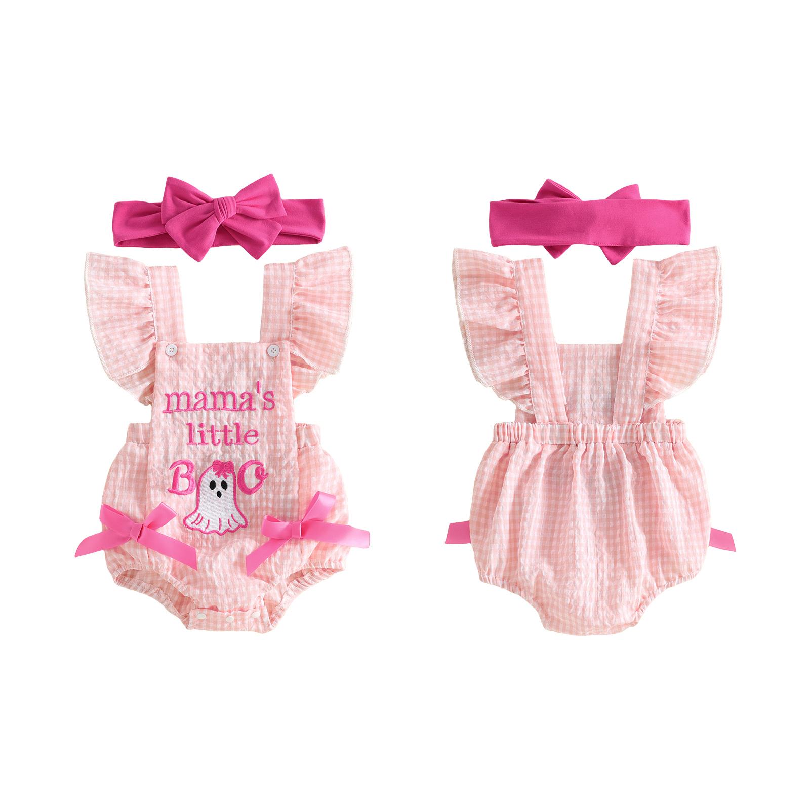 [Lullaby] Baby Girl Halloween Romper Set, Cotton Blend Plaid Print Jumpsuit with Embroidery (Pumpkin/Ghost), Flying Sleeves, Square Neck, Bow Headband - Prop 65 Safe Baby Girl Clothing