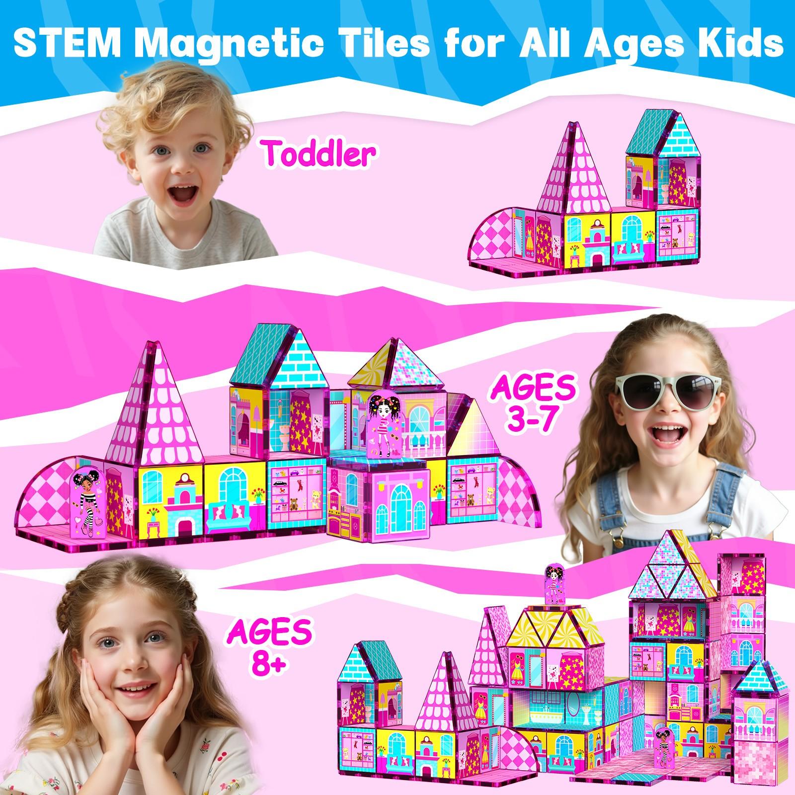 52pcs Magnetic Tiles Building Blocks, Castle Construction Toy, Stem Education Gift for Kids 3-8 Years, Boys & Girls Birthday Present
