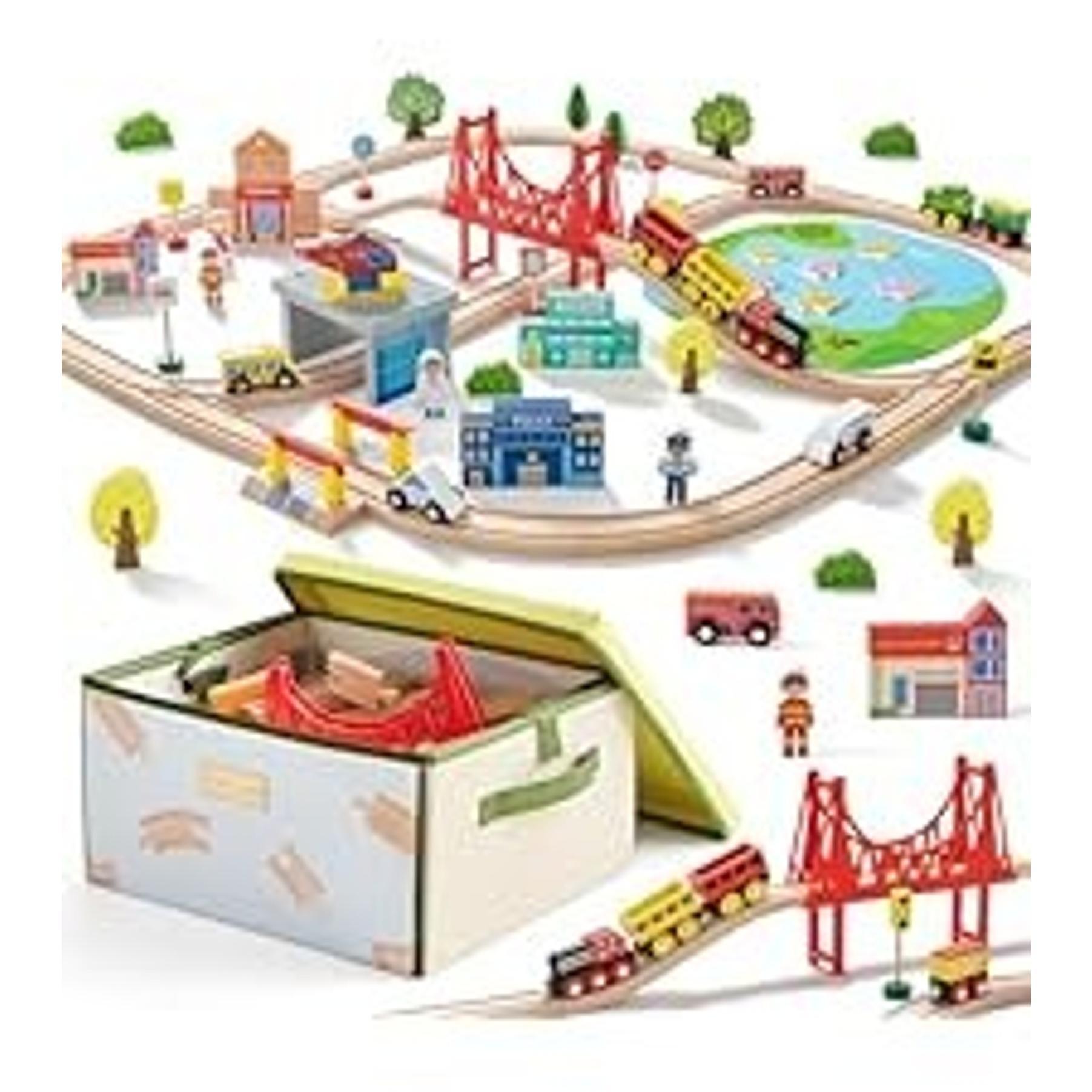 110pcs Wooden Train Set with Folding Storage Box, Wooden Train Track Toy for Kids Ages 3-7, Includes Character Figures for Imaginative Play