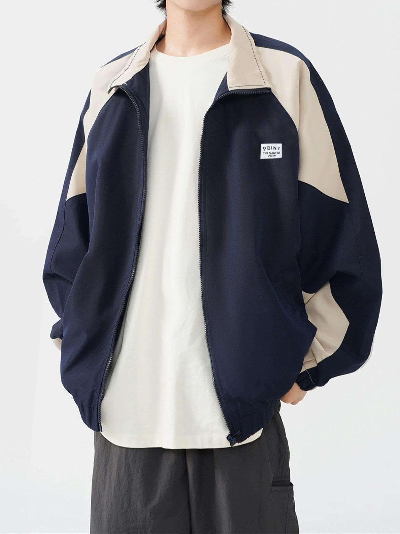 Men's Vintage Colorblock Collar Jacket Coats, Casual College Style Outerwear, Trendy Simple Men's Essential Baseball Vest