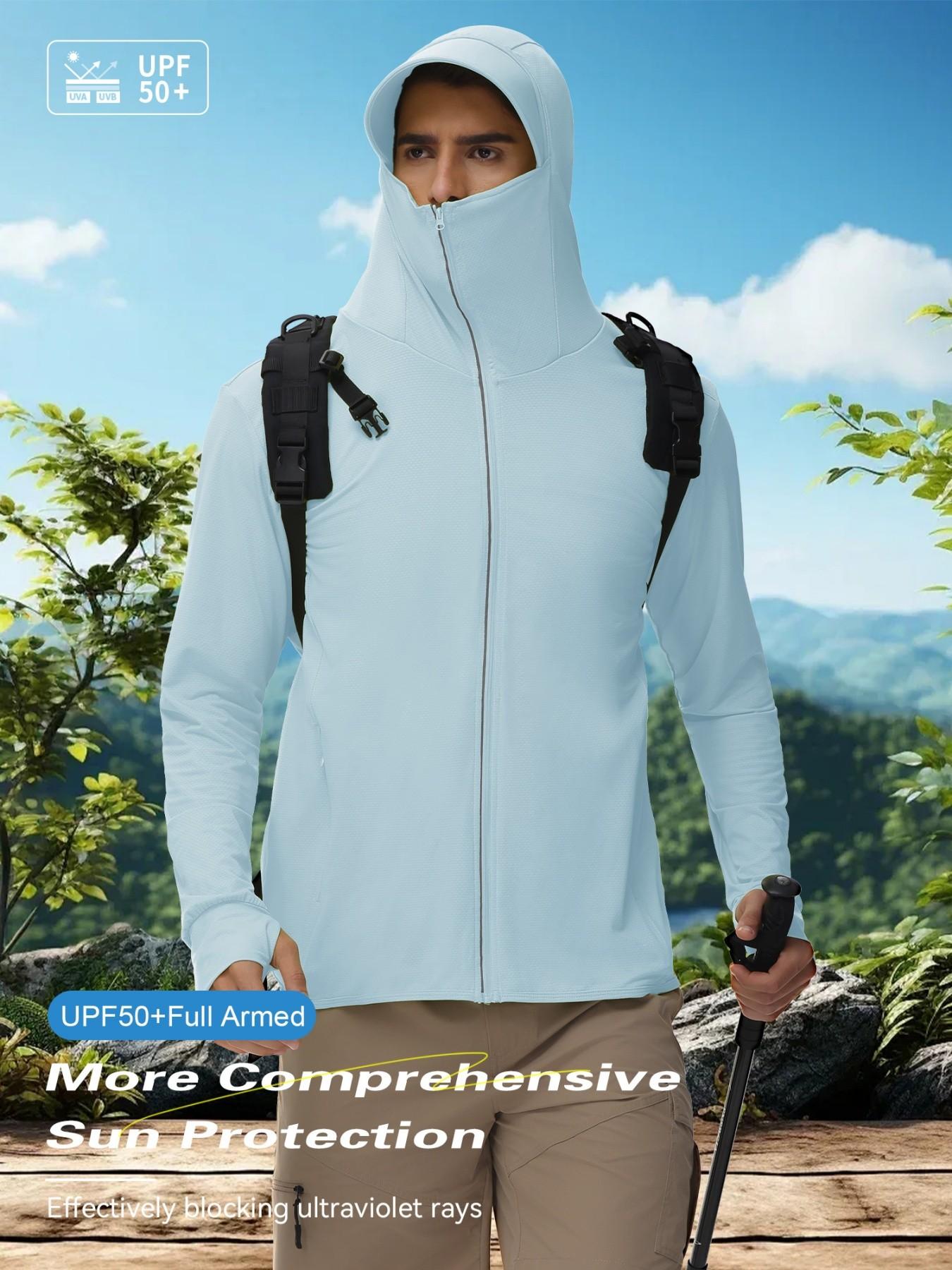 Men's Ice Silk Hooded Sun Protection Jacket, Full Face UV Shield, Breathable Quick-Dry, Outdoor Hiking Climbing Running Cycling Sports Coat
